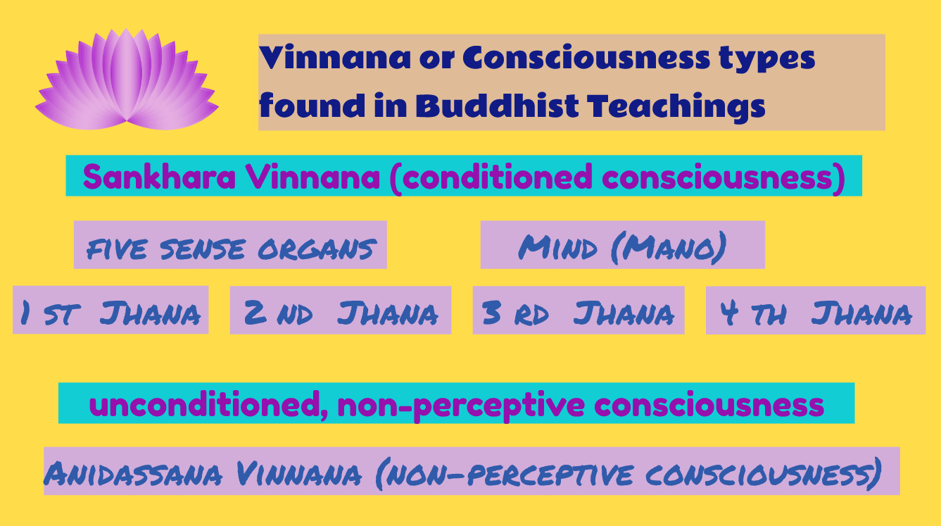 Vinnana is often categorized into two main types:</mark> Sankhara Vinnana (conditioned consciousness) and Anidassana Vinnana (unconditioned, non-perceptive consciousness).
